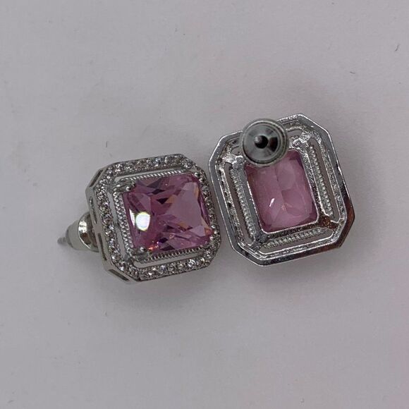 Topaz earrings, 925 sterling silver, pale pink, classic halo emerald cut. - Picture 7 of 16